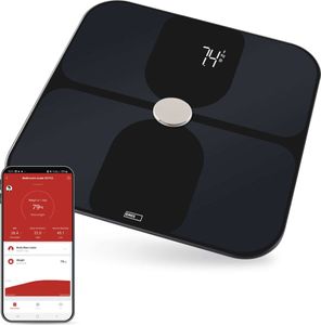 EMOS Smart BMI-Körperwaage mit ITO-Glas, zum Messen und Analysieren 14 Körperdaten, GoSmart App, iOS/Android, Bluetooth, Tragfähigkeit 180 kg, EV112