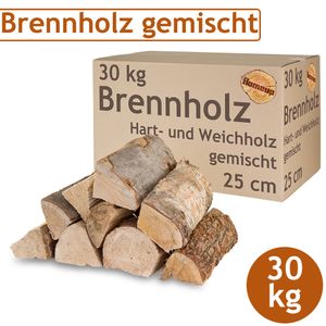 Brennholz Gemischt Kaminholz 30 kg Buche Eiche Birke Kiefer Fichte Holz Für Ofen und Kamin Kaminofen Feuerschale Grill Feuerholz 25 cm Wood Kammergetrocknet Flameup