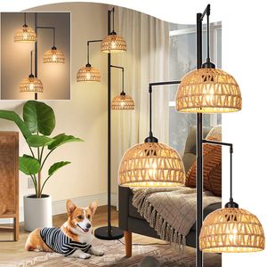 1.8M Stehlampe Schwarz LED Stehlampe Wohnzimmer Schlafzimmer Büro Boho Rattan Gewebter Stehleuchte Groß Industriell Standing Lamp mit Lampenschirm