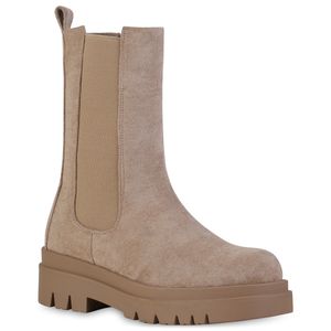 VAN HILL Damen Stiefel Plateaustiefel Blockabsatz Boots Profil-Sohle Schuhe 837783, Farbe: Khaki Velours, Größe: 39