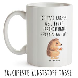 Mr. & Mrs. Panda Kindertasse Igel mit Kuchenstück - Weiß - Geschenk, Kunststoffgeschirr, Geburtstagskuchen, Kindergarten, Tiere, Camping Becher, Tiermotive, Kinderbecher