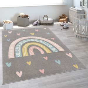 Kinderteppich Teppich Kinderzimmer Junge Mädchen Pastell Regenbogen Herz Grau, Grösse:120 cm Rund