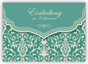 4x Hübsche Einladungskarte mit Vintage Damast Muster in edlem Hellblau Türkis für junge Damen: Einladung zur Konfirmation