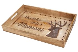Gilde Deko Tablett "Hirsch" natur, aus Mangoholz "Genieße jeden Moment" nicht geeignet für Lebensmittel H: 5 cm B: 43 cm T: 28cm 41278