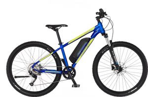 FISCHER E-Bike Pedelec MTB Montis 2.1 Junior, Rahmenhöhe 38 cm, 27,5 Zoll, Akku 418 Wh, Hinterradmotor, Kettenschaltung, LED Display, blau-gelb