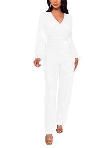 Damen Overalls Pailletten Hosen Casual Lange Einfarbig Boho Weites Bein Jumpsuits Weiß,Größe 3XL