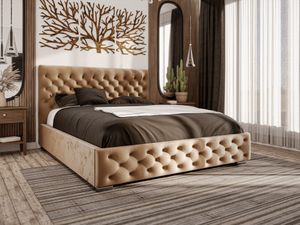 GRAINGOLD Glamour Bett 180x200 Marseille - Doppelbett mit Bettkasten und Lattenrost - Samtstoff, Verchromte Füße - Beige