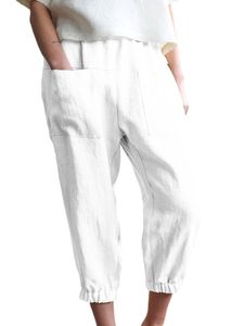 Damen Stoffhosen Hohe Taille Freizeithose Leinen Hosen Lässig mit Taschen Leinenhose Weiß,Größe 2XL
