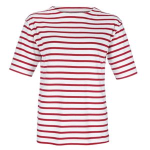 modAS Bretonisches Damen-T-Shirt mit U-Boot Ausschnitt - Ringelshirt Kurzarm Basic Shirt Gestreift aus Baumwolle in Weiß/Rot in Größe 44