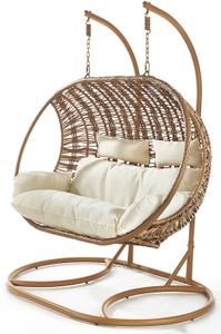Kobolo Hängekorb MAKENA für 2 Personen inkl. Kissen mit Gestell Polyrattan braun Doppelsitzer Sitzsack Hängend Sessel Hängeschaukel Hängesessel Garten