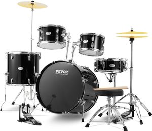VEVOR Schlagzeug, 5-teilig, Drum in voller Größe mit Bass-Toms, Snare, Standtrommel, verstellbaren Thronständern, Becken, Hi-Hat-Pedal und Drumsticks, Anfänger-Schlagzeug für Erwachsene, schwarz