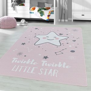 Kurzflor Teppich Stern Rosa für Kinderzimmer Baby Kinderteppich Spielteppich, Farbe:Pink, Grösse:160x230 cm