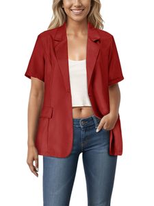 Damen Blazer Kurzarm Revers Jacken Casual Business Knöpfen Mantel Outwear Cardigan Rot,Größe XL