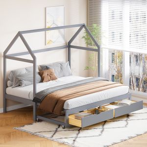 Merax Kinderbett 90x190cm/180x190cm Ausziehbett Erweiterbares Hausbett mit Schubladen und Dachform, Massivholz Einzel- und Doppelbett Kinderhaus, Grau