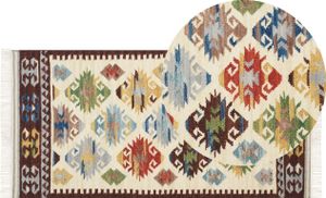 BELIANI Kelim-Teppich Mehrfarbig Wolle 80 x 150 cm mit Fransen Geometrischem Muster Handgewebt Boho Orientteppich Läufer für Fußbodenheizung Geeignet