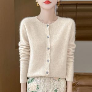 Warme, weiche Damen-Strickjacke mit Rundhalsausschnitt, L, Beige