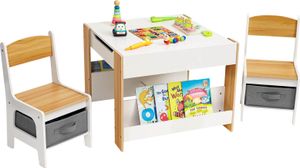 YORBAY Kindersitzgruppe Kindertisch mit 2 Stühlen, Maltisch Mit Kreidetafel, Sitzgruppe für Kinder mit Stauraum, 3tlg, Weiß + Holzfarbe