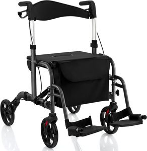 Rollator skládací lehký, 2 v 1 invalidní vozík cestovní rollator, chodítko 6-cestně výškově nastavitelné, pomůcka pro chůzi s 2 brzdami držák na hůl, taška, hliníková slitina do 136 kg (černá)