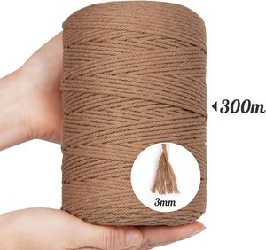 Makramee Baumwolle Garn 3mm x 300m - Natürliche Macrame Cord für Pflanzenaufhänger und Wandbehang in Kaffeefarben