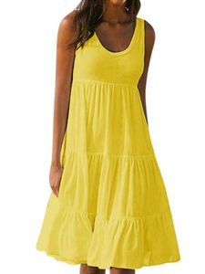 Ärmelloses Damen-Strandkleid Mit Rundhalsausschnitt Genäht Großer Schwung Sommermode,Farbe:Gelb,Größe:S