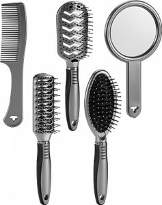 HAARBÜRSTEN Set 5-tlg. Haarbürste Allzweckbürste Skelettbürste Spiegel Kamm Lockenhaarbürste Haarpflege Rundbürste Fönbürste Massagebürste 54 (Silber)