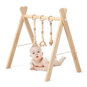 COSTWAY Detský hrací oblúk z dreva, skladacia hrazda, detská telocvičňa s 3 odnímateľnými hračkami, hrazda pre deti od 3 mesiacov, drevené hračky pre rozvoj mozgu (biela)