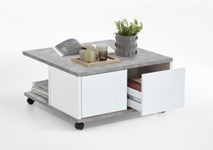 FMD furniture Couchtisch Sofatisch 70 x 70 x 36 cm Beton / weiß Edelglanz zwei Ablagen + 2 Schubladen, auf Rollen