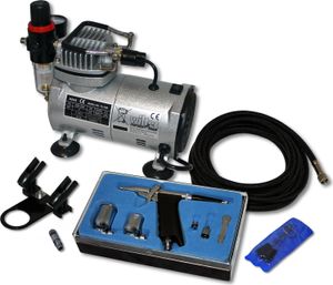 Wiltec Einsteiger Airbrush Kompressor Set AS18-2 mit 1 Airbrushpistole Typ 116 und umfangreichem Zubehör, Drucktank, für Modellbau, Tattoos, Nailart