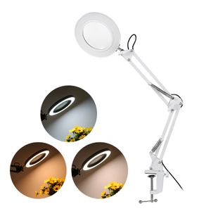 Lupenleuchte LED-Tischlupe mit 8-facher Lupenlampe, dimmbar, 3 Farbmodi und 10 Helligkeitsstufen, Schwenkarm, Flexible Klemm Schreibtischleuchte - Weiß