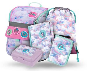 Schulranzen Mädchen Set 5 Teilig - Schultasche ab 1. Klasse - Grundschule Ranzen mit Brustgurt - Ergonomischer Schulrucksack (Himmel)