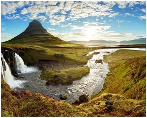 Wallario Poster - Island Panorama Fluss  Berge und blauer Himmel, Kunstdruck Größe: 40 x 50 cm