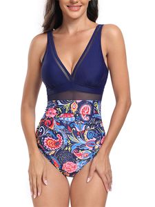 Damen Badeanzüge Beachwear Push Up Schwimmen Bademode Floral Print One Piece Swimsuits Tiba Blaue Blume,Größe 2XL