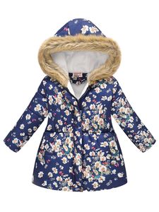 Mädchen Mit Kapuze Hals Outwear Winter Langarmjacken Fuzzy Fleece Knöpfe Down Jacke, Farbe: Dunkelblaue Blume c, Größe: DE 128