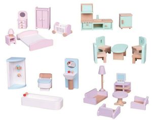 Set - Holz - Puppenmöbel / PuppenhausmöbelWohnzimmer, Schlafzimmer, Küche und Bad 24 teilig