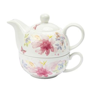 Valle Verde 2er Set Teekanne mit Tasse Kaffeekanne mit Deckel Teekessel Teeset Weiß Blumenmotiv 350+240 ml Keramik Geschenkidee