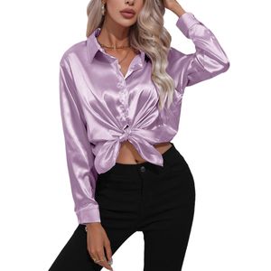 Damen Bluse Elegant Satin Langarm Business Oberteile Weiche Tunika Lässige Hemdbluse Violett,Größe:EU M