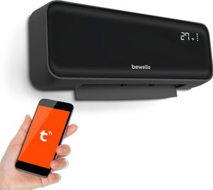 Intelligente elektrische Heizung, Wandheizung – Schwarz – mit WLAN und Smart-App – hängend mit Thermostat – Ventilatorfunktion – Wandmontage – bis zu 30 m2 – 2000 W – mit TUYA-App