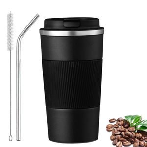 Thermobecher, 13oz Rutschfest Edelstahl Travel Mug mit Strohhalm und Nylonborsten Bürste, Auslaufsicher Reisebecher mit Deckel Kaffee-to-go Becher, schwarz, 3, 380 ml