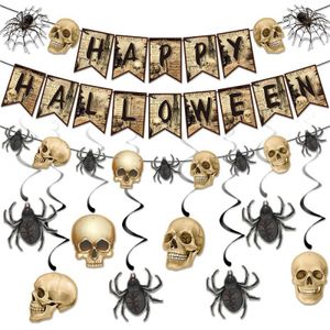 Halloween-Banner-Set - Happy Halloween Banner, Halloween Skelett Spinne hängende Wirbel Dekorationen Halloween Party Dekorationen Supplies