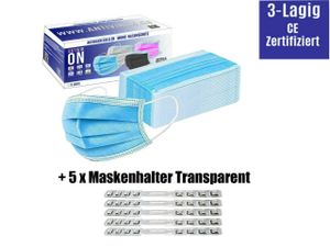 50 Stück Mundschutz Blau Maske Einweg 3-lagig CE Hygienemaske inkl. 5x Maskenhalter