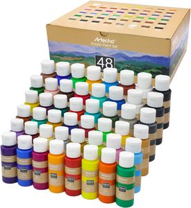 Artecho Acrylfarbe 48 wasserfeste Farben, je 59ml Flaschen mit Klappverschluss, für Papier, Ton, Holz, Steine – zum Reisen, Malen & Freude verschenken