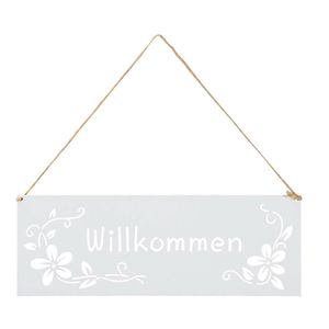 Schild Willkommen 25x9cm Außen Garten-Deko Weiß Blumen Metall Türschild Wandbild