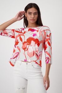 Monari -  Damen Geblümtes Shirt mit 3/4 Arm (408534), Größe:46, Farbe:Bright Coral Gemustert (496)