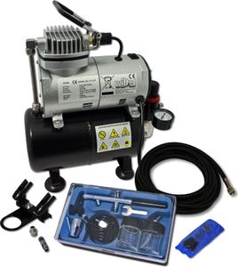 Wiltec Einsteiger Airbrush Kompressor Set AS186 mit 1 Airbrushpistole Typ 128 und umfangreichem Zubehör, 3 l Drucktank, für Modellbau, Tattoos, Nailart
