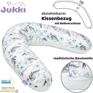JUKKI® Stillkissen + Bezug SET  3in1 Schwangerschaftskissen 190cm Lagerungskissen [Minzgarten] 100% Bauwmolle