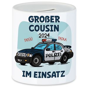 Großer Cousin Im Einsatz 2024 Spardose Polizei Geschwister Liebe Retter Polizeiauto Familie Beschützer Tatü Tata