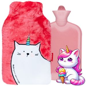 Großer rosa Wärmflasche KATZE 1,8 l von SOXO, gummierte Wärmflasche mit Bezug – Geschenke für Frauen