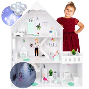 Kinderplay Puppenhaus Holz Groß, Barbie Puppenhaus - Puppenhaus Holz Version mit mintgrünem Zubehör, 38 Zubehörteile enthalten, Barbiehaus aus Holz, Modell GS0023A-1, LED-Licht