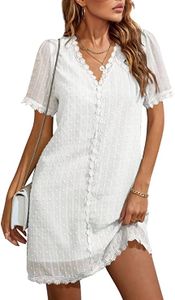 ASKSA Damen Chiffon Kleider V-Ausschnitt Sommerkleid Swiss Dot Spitze A-Linie Minikleid, Weiß, M
