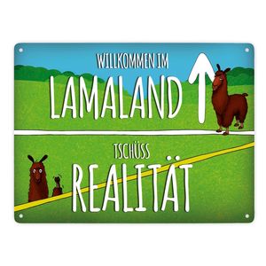 Willkommen im Lamaland Metallschild XXL mit Lama Motiv Schild Blechschild